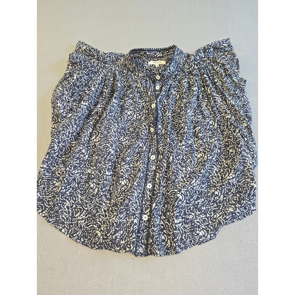 Madewell Top Womens XS Navy White Abstract Floral Pom Pom Trim Button Front